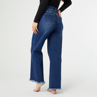 Everstretch Wide Leg Jeans with Frayed Bottom - Dark Denim