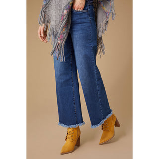 Everstretch Wide Leg Jeans with Frayed Bottom - Dark Denim