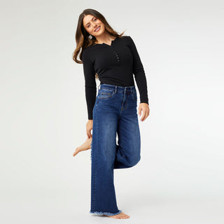 Everstretch Wide Leg Jeans with Frayed Bottom - Dark Denim