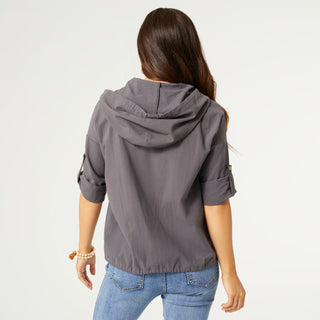 Kaliyah Hooded 3/4 Sleeve Zip-Front Jacket - Grey