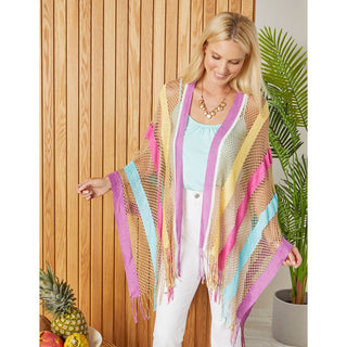 Sunny Open Weave Ruana with Fringe - Bright Stripes