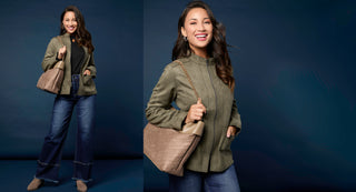 Model wearing blue wide leg jeans and olive zip up jacket.