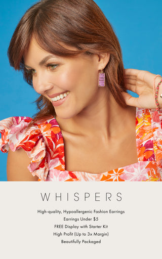 Model wearing floral summer top and matching Whispers earrings