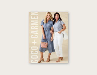 Product catalog cover featuring two women in fashion clothing with 'Coco + Carmen' branding.