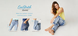 EverStretch Jeans: Softest, cozinest, comfiest jeans ever! Model wearing light denim dip dye jeans.
