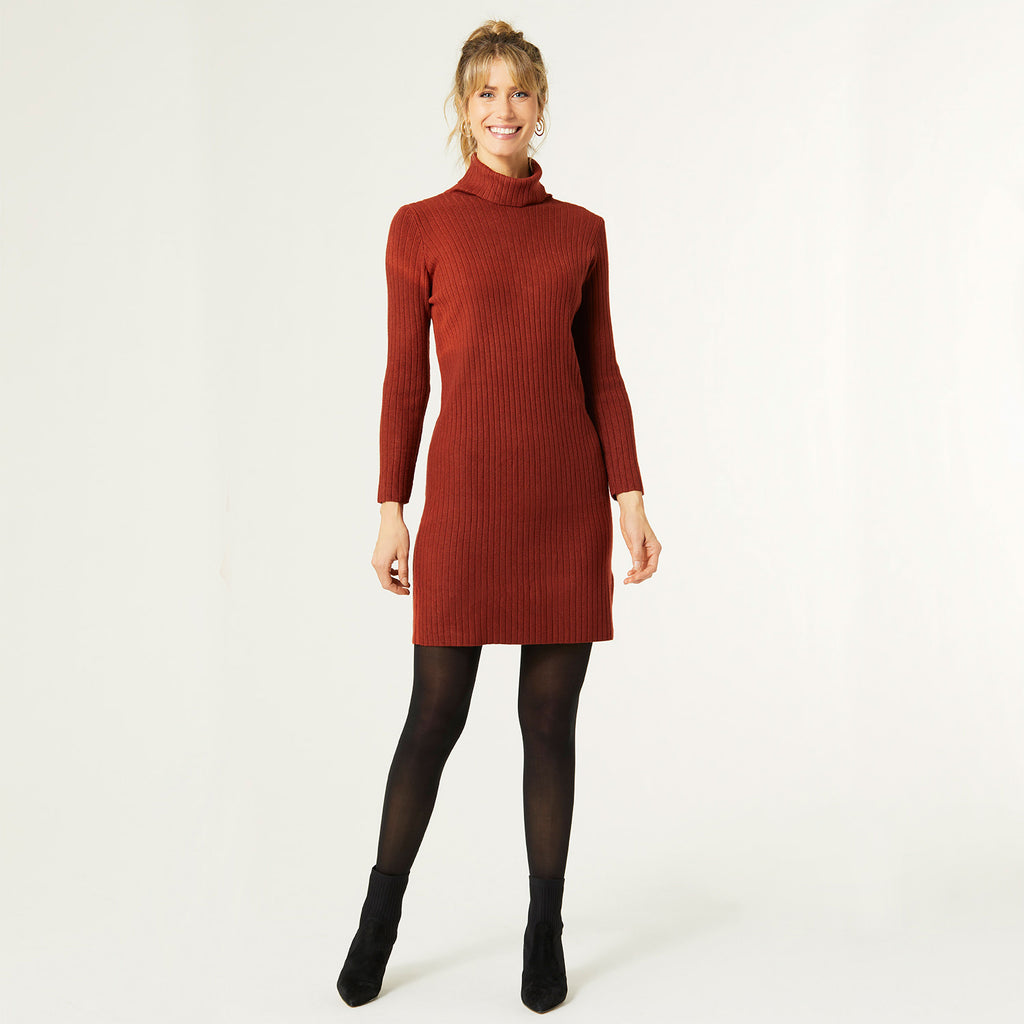 Hana Ribbed 3/4 Sleeve Turtle Neck Dress – tgbBRANDS