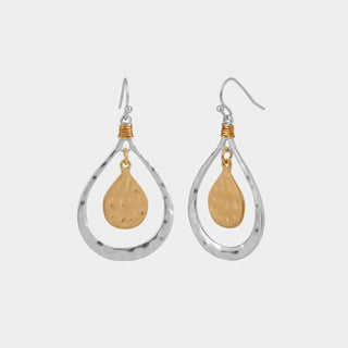 Mixed Metal Tear Drop Hammered Dangle - Silver/Gold