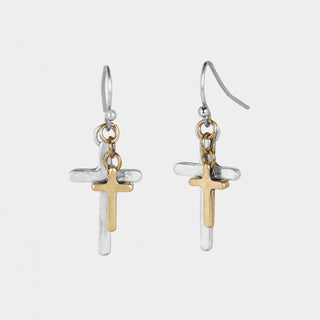 Mixed Metal Layered Cross Dangle Earrings - Mixed