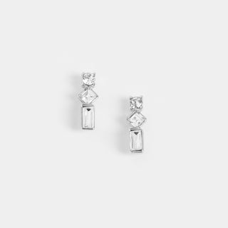 Silver Baguette Drop Stud Earrings - Silver