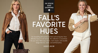 Two women modeling fall clothing with promotional text on a brown background