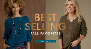 Two women wearing sweaters with 'Best Selling Fall Favorites' text and 'Shop Now' button.