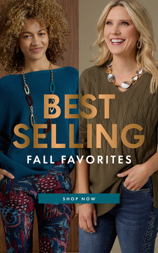 Two women wearing stylish outfits with text 'Best Selling Fall Favorites' and 'Shop Now' button.