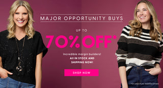 Two women standing side by side with promotional text on a magenta background