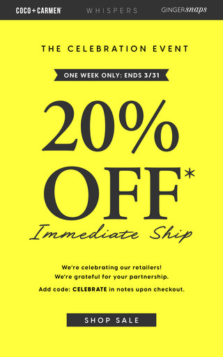 Promotional banner for a 20% off* sale with a woman's face on a yellow and black background. *Terms apply.