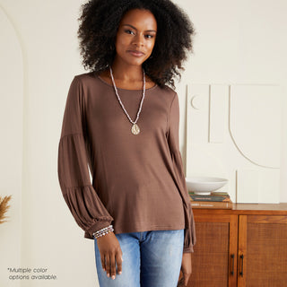 Celina Tiered Long Sleeve Crew Neck Top - Merlot