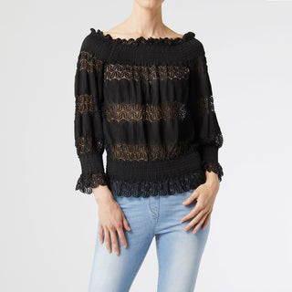 Mirabel Smocked Lace Blouse - Black