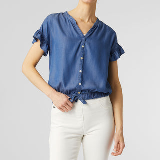 Tanner Ruffle Sleeve Chambray Top - Medium Denim