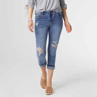 OMG ZoeyZip Boyfriend Capri With Distressing - Medium Denim