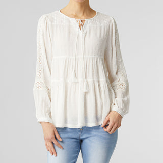 Lourdes Gauzy Swiss Dot Tiered Blouse - White