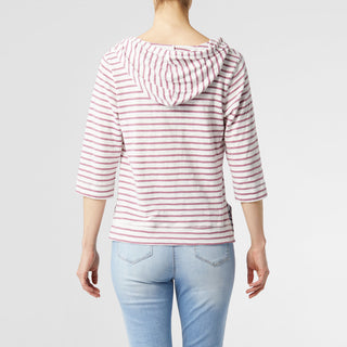 Paulie Striped Hooded V-Neck Top - White/Dusty Plum