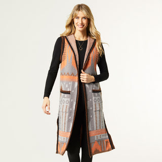 Elia Hooded Long Vest - Brown/Orange