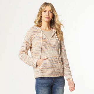 Eva V-Neck Sweater with Hood - Taupe/Multi