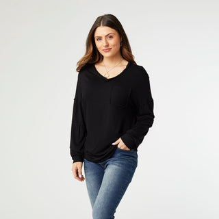 Kate V-Neck Tee with Pocket - Black