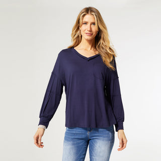 Kate V-Neck Tee with Pocket - Navy