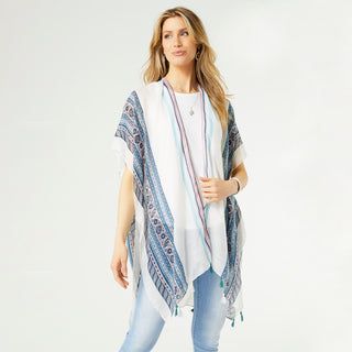 Devyn Ruana with Tassels - White/Navy/Dusty Rose