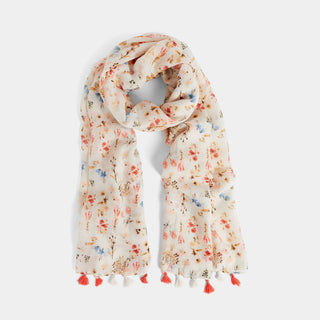 Leilani Oblong Scarf with Tassels - Coral/Orange Floral