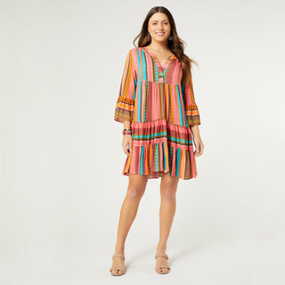Milena Ruffle Sleeve Tunic Dress - Pink Aztec