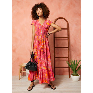 Aliya Button Front Maxi Dress - Pink/Orange