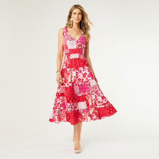 Adeline Tie Shoulder Tiered Dress - Pink/Red