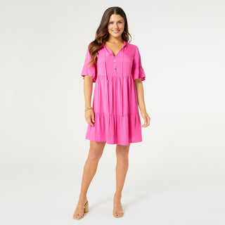 Kalina V-Neck with Ruffle Collar Tunic Dress - Bright Pink