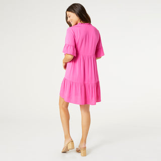 Kalina V-Neck with Ruffle Collar Tunic Dress - Bright Pink
