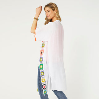 Jeannette Floral Crochet Trim Cardigan - White/Multi