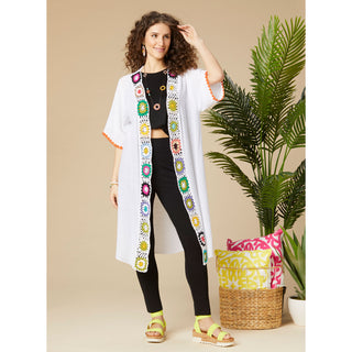 Jeannette Floral Crochet Trim Cardigan - White/Multi