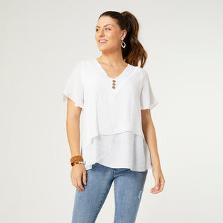 Loretta V-Neck with Tier - White