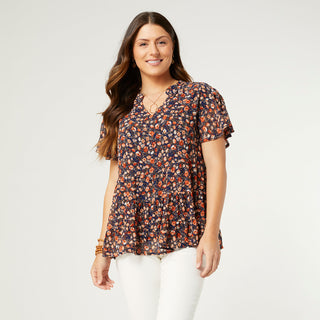 Carlotta Floral Top with Tiered Ruffle - Navy/Rust Floral