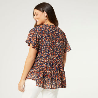 Carlotta Floral Top with Tiered Ruffle - Navy/Rust Floral