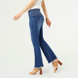 OMG ZoeyZip Flare Jeans with Fringe Bottom - Dark Denim