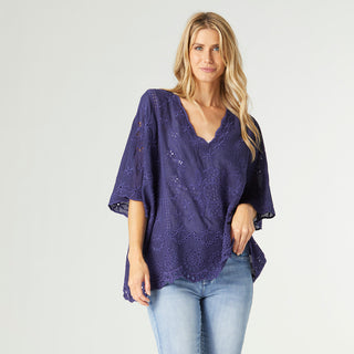 Luna Poncho with Embroidery - Navy