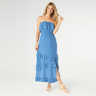 Dalia Strapless Dress with Side Slit - Blue/White Dots