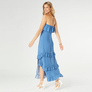 Dalia Strapless Dress with Side Slit - Blue/White Dots