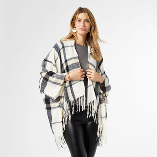 Journee Brushed Hooded Ruana - Ivory/Black
