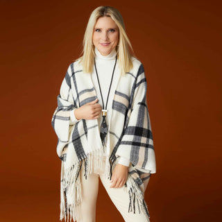 Journee Brushed Hooded Ruana - Ivory/Black