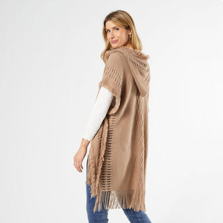 Eloise Hooded Ruana with Frayed Fringe - Taupe