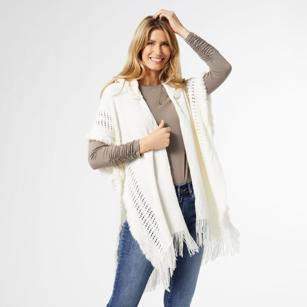 Eloise Hooded Ruana with Frayed Fringe – tgbBRANDS