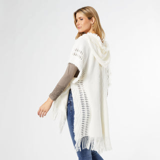 Eloise Hooded Ruana with Frayed Fringe - Ivory