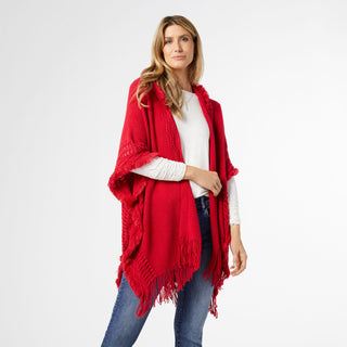 Eloise Hooded Ruana with Frayed Fringe - Rio Red